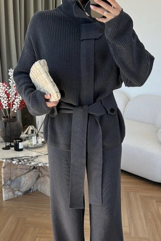 Elegant Ribbed Knit Belted Jacket & Wide Leg Pants Set