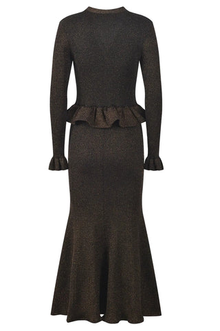 Metallic Ribbed Knit Midi-Long Mermaid Dress with Peplum Detail