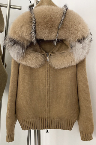 Faux Fur Trimmed Knitted Hooded Cardigan