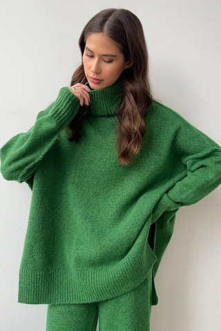 Soft Knit Two-Piece Set with Long-Sleeve Turtleneck and Relaxed Pants