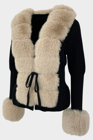 Long Sleeve Knitted Jacket with Faux Fur Trim – Tie-Front Design