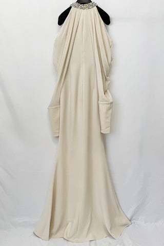 Crystal Embellished Halter Neck Draped Cold Shoulder Mermaid Long Dress