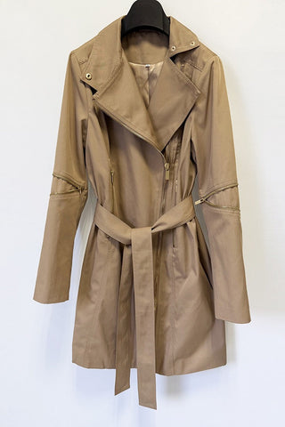 Belted Zip-Detail Long Trench Jacket