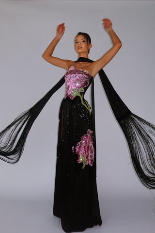 Floral Sequin Fringe Strapless Long Dress with Scarf