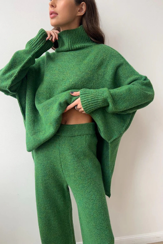 Soft Knit Two-Piece Set with Long-Sleeve Turtleneck and Relaxed Pants