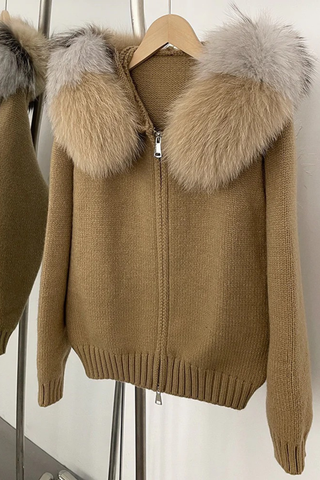 Faux Fur Trimmed Knitted Hooded Cardigan