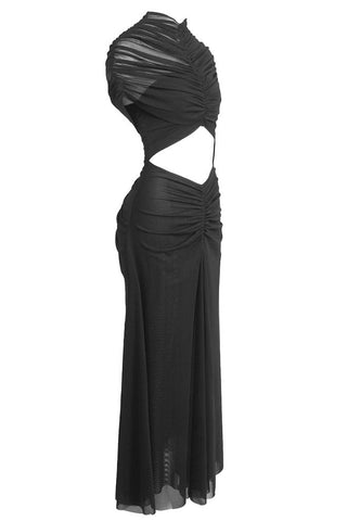 Ruched Mesh Short Sleeve Cut-Out Long Dress