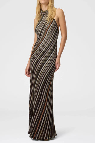 Halter Neck Open-Back Striped Knit Long Evening Dress