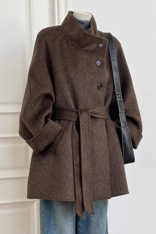 Belted Wool-Blend Coat with High Collar, Button Closure, and Relaxed Fit