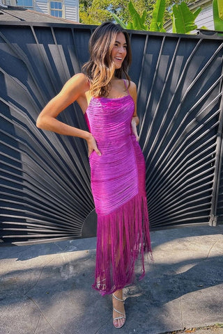 Slim-Fit Fringe Bandage Long Dress with Spaghetti Straps