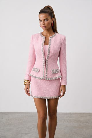 Crystal Embellished Tweed Long Sleeve Peplum Blazer