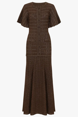 Crystal Embellished Textured Knit Short Sleeve Long Dress