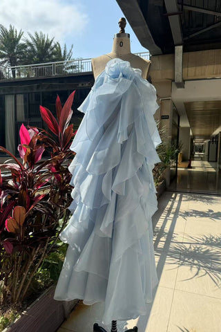 Floral Ruffle Organza Long Dress with Halter Neck