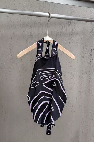 Abstract Swirl Print Satin Halter Top & High-Waisted Mini Skirt Set