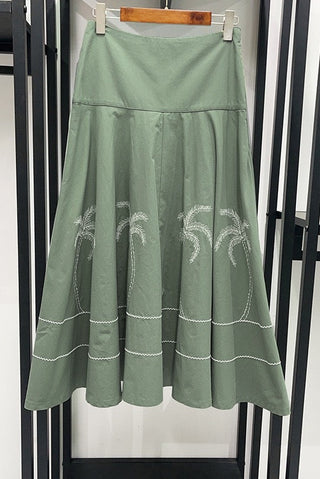 Scallop Cap Sleeve Embroidered Cropped Top & High Waist A-Line Midi Skirt Set