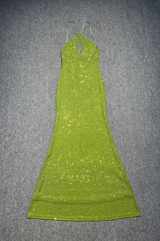 Sparkly Halter Long Dress with Open Back, Bodycon Fit & Rhinestone Details