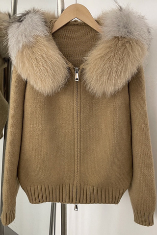 Faux Fur Trimmed Knitted Hooded Cardigan