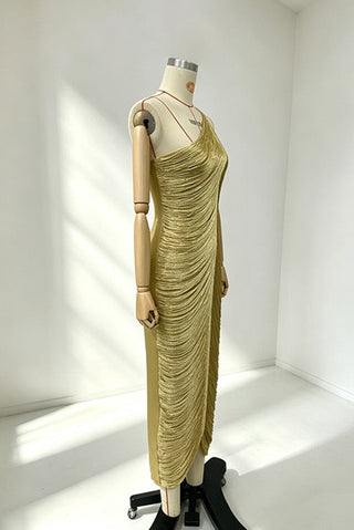 One-Shoulder Metallic Fringe Bandage Midi Dress with Back Slit