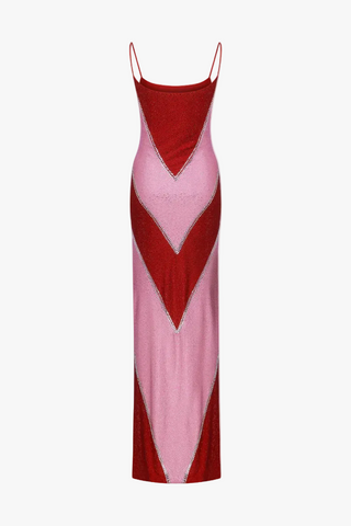 Rhinestone Embellished Colorblock Long Dress with Thin Straps