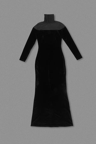 Velvet Mesh High Neck Long Dress – Long Sleeve Evening Gown