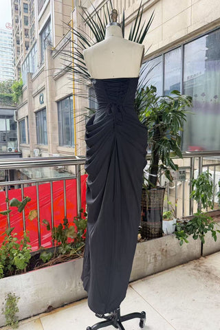Strapless Ruched Long Dress with Lace-Up Back & High Slit