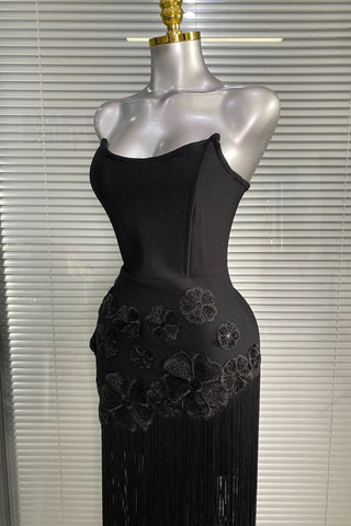 Strapless Floral Appliqué Fringe Long Dress with Bodycon Silhouette