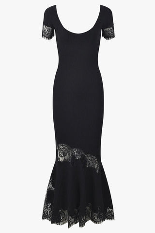 Ribbed Knit Scoop Neck Short Sleeve Long Dress with Lace Trim & Flared Hem