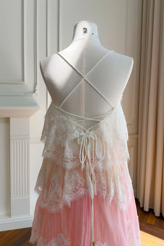 Tiered Lace Long Dress – Layered Ruffle Design, Crisscross Back & Flowy Fit