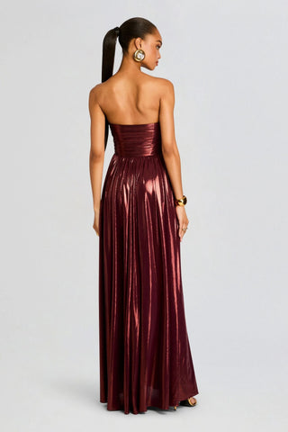 Strapless Metallic Pleated Long Dress with High Slit