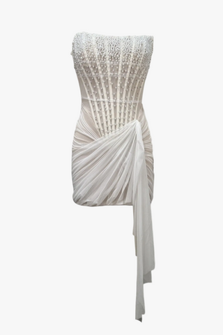 Pearl Embellished Corset Mini Dress with Draped Tulle Detail