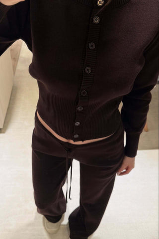 Ribbed Knit Two-Piece Lounge Set – Button Cardigan & Wide-Leg Pants