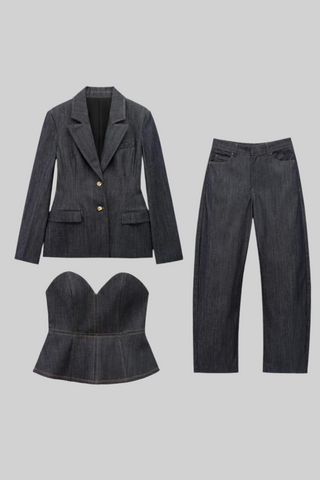 3-Piece Denim Suit – Fitted Blazer, Corset Top & wide-leg pants