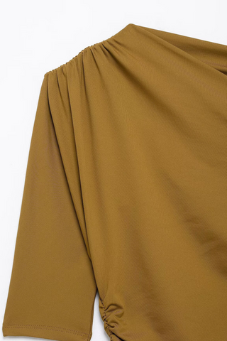 Asymmetric Draped Half Sleeve Top with Metal Accent