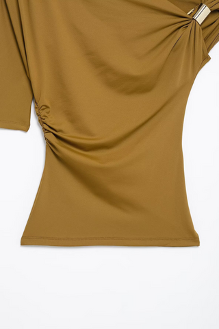Asymmetric Draped Half Sleeve Top with Metal Accent