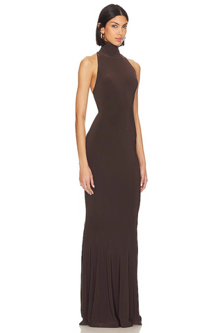 Brown Halter Neck Sleeveless Long Dress with High Neck and Mermaid Silhouette