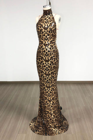 Leopard Print Long Dress – High Neck Sleeveless Sequin Mesh Fabric & Open Back Design