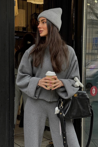 Ribbed Long Sleeve Zip Jacket & Relaxed Pants Co-Ord Set