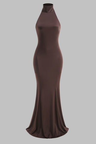 Brown Halter Neck Sleeveless Long Dress with High Neck and Mermaid Silhouette