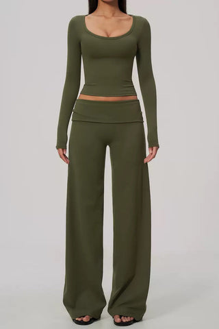 Scoop Neck Long Sleeve Top & Foldover Wide-Leg Pants Set