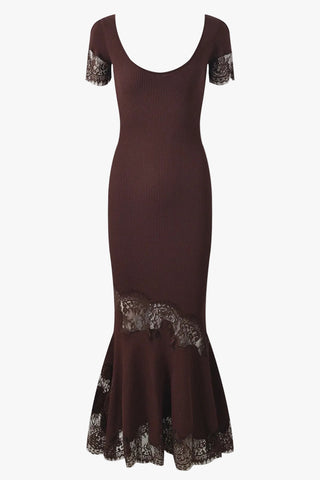 Ribbed Knit Scoop Neck Short Sleeve Long Dress with Lace Trim & Flared Hem