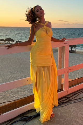 Halter Neck Yellow Mesh Long Dress with Side Slit