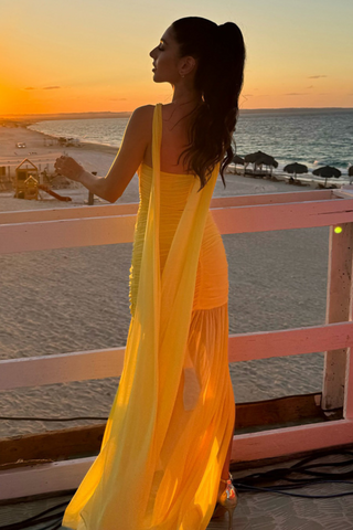 Halter Neck Yellow Mesh Long Dress with Side Slit