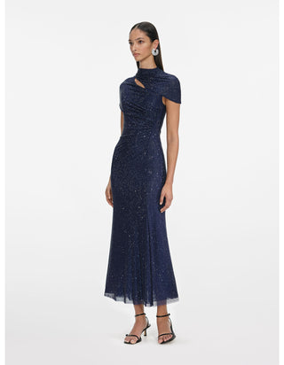 Crystal Draped Cape Neck Short Sleeve Long Dress
