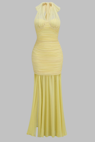 Halter Neck Yellow Mesh Long Dress with Side Slit