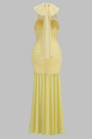 Halter Neck Yellow Mesh Long Dress with Side Slit
