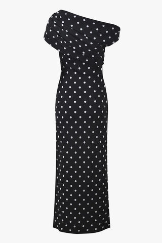 Off-Shoulder Polka Dot Knitted Long Dress – Draped Fitted Silhouette