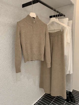 Zip-Up Knit Cardigan and Long A-Line Skirt Set