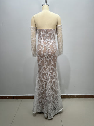 Floral Lace Corset Off-Shoulder Long Dress with Sheer Lace Sleeves