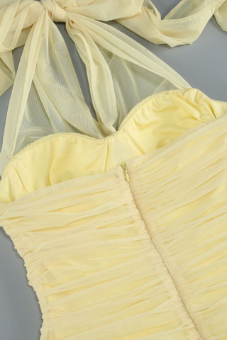 Halter Neck Yellow Mesh Long Dress with Side Slit