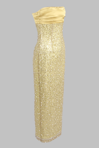 Gold  Pearl Strapless Sequin Long Dress